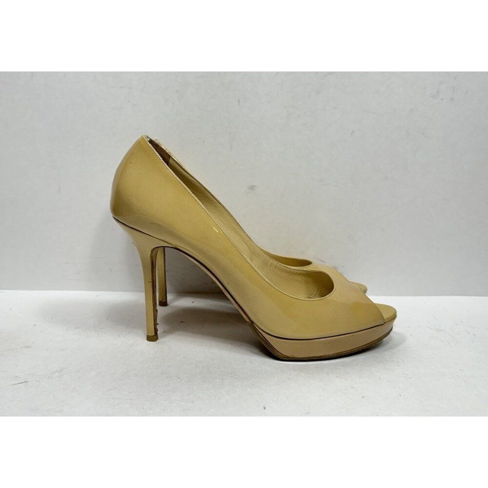 Jimmy Choo Patent Leather Tan High Heels Pumps Peep Toe Womens Size 8.5 / 38.5